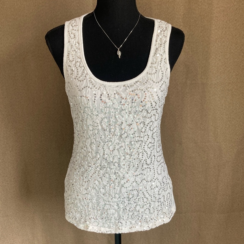 Studio Y White Sequin Tank Top Size Medium